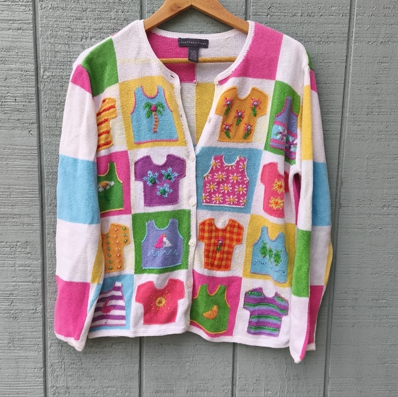 Northern Isles Sweaters - Vintage Northern Isles Checkerboard Beach Print Cardigan sz L Ivory Pink Multi